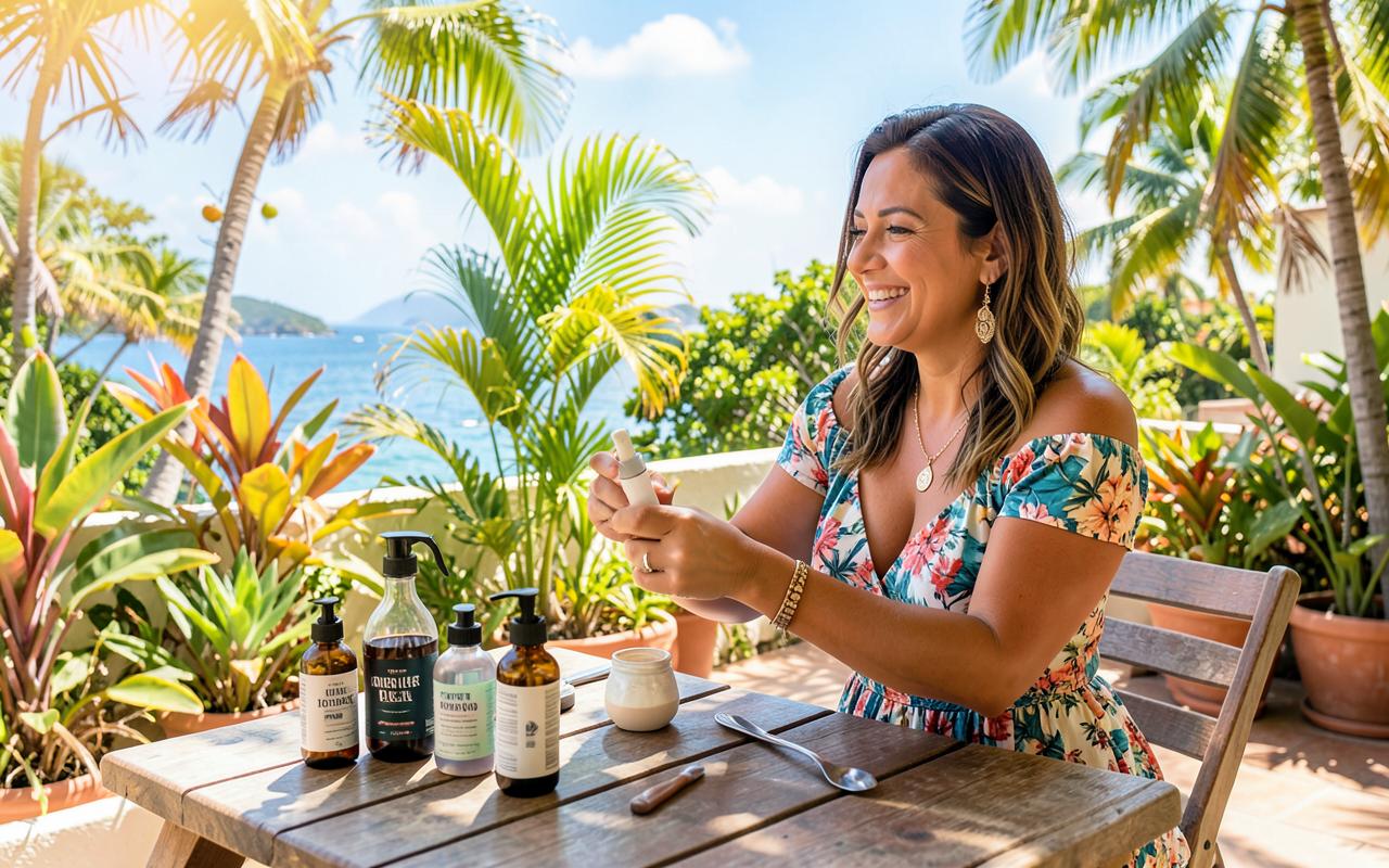 Créatrice beauté caribéenne filmant une routine soin sur une terrasse ensoleillée